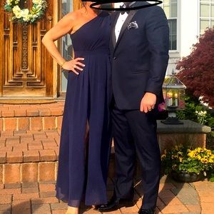 Full length navy one shoulder gown